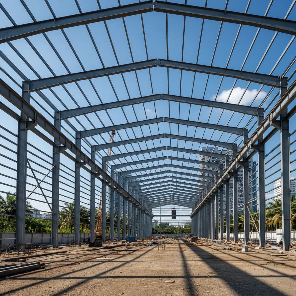 Rangka konstruksi baja kokoh terfabrikasi, siap untuk pembangunan gedung dan proyek industri modern. Kualitas terjamin.