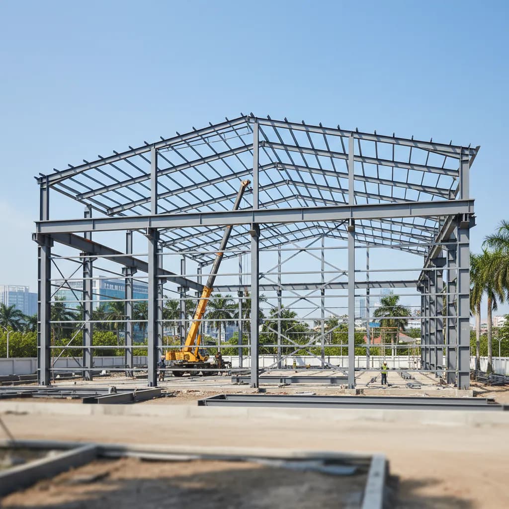 Kerangka konstruksi baja kokoh untuk bangunan industri modern di Indonesia. Struktur logam presisi, menonjolkan arsitektur kontemporer.