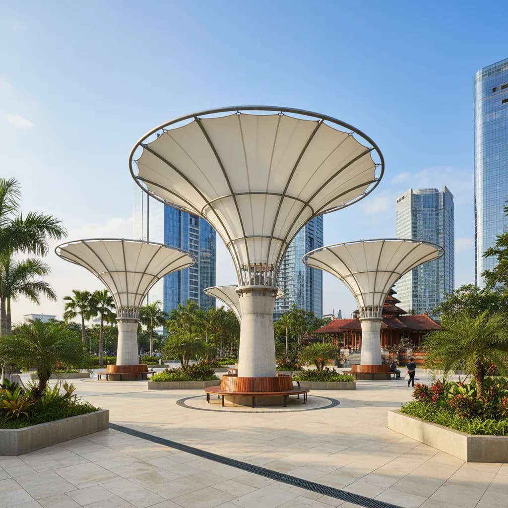 Gambar fotorealistik Payung Membrane besar dan modern, ideal sebagai kanopi estetis untuk area luas.