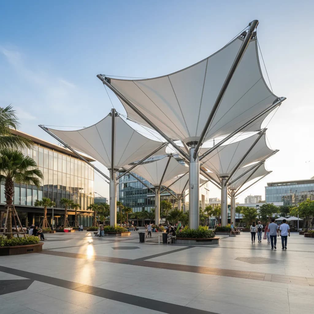 Gambar payung membrane tarik modern di plaza outdoor. Struktur besar fungsional untuk naungan di ruang publik.