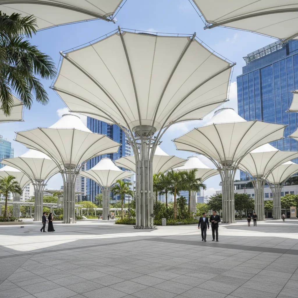Foto payung membrane besar sebagai struktur peneduh arsitektural di plaza outdoor Indonesia, desain modern.