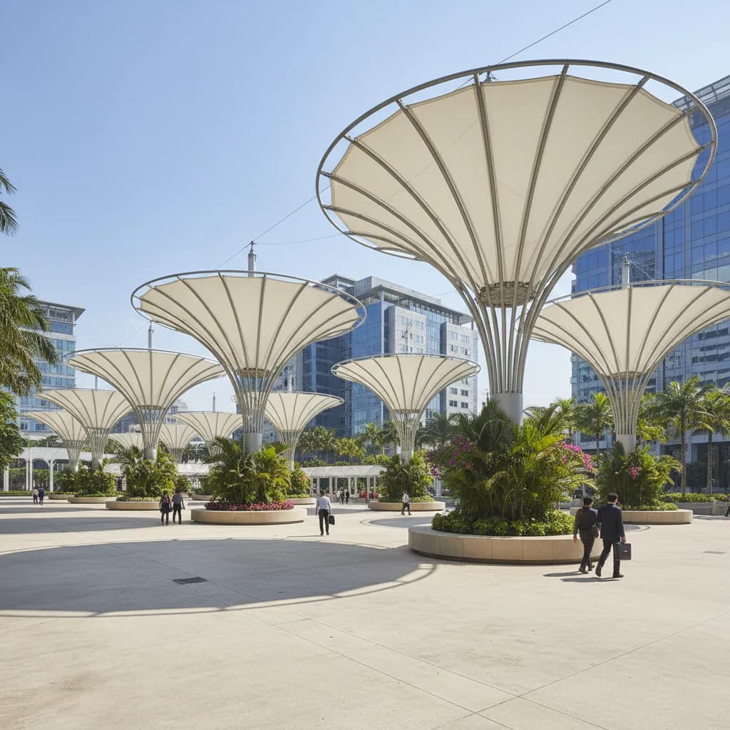 Struktur payung membrane besar di plaza outdoor, solusi teduh modern untuk area publik di Indonesia.