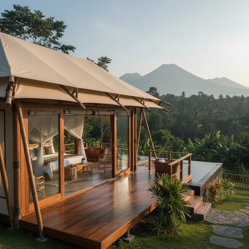Tenda glamping mewah dengan desain modern di alam Indonesia. Penginapan nyaman, elegan, solusi premium dari PT Indo Membrane.