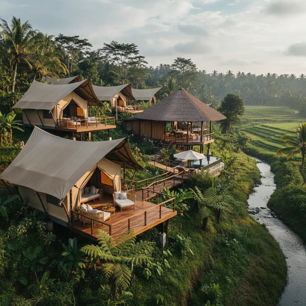 Tenda glamping mewah di resort modern Indonesia, desain arsitektur profesional untuk liburan alam premium.