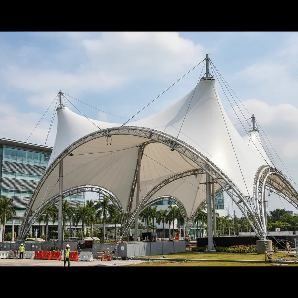 Struktur tenda membrane modern profesional berukuran besar di lokasi outdoor Indonesia, cocok untuk event atau pameran. Desain arsitektur menawan.