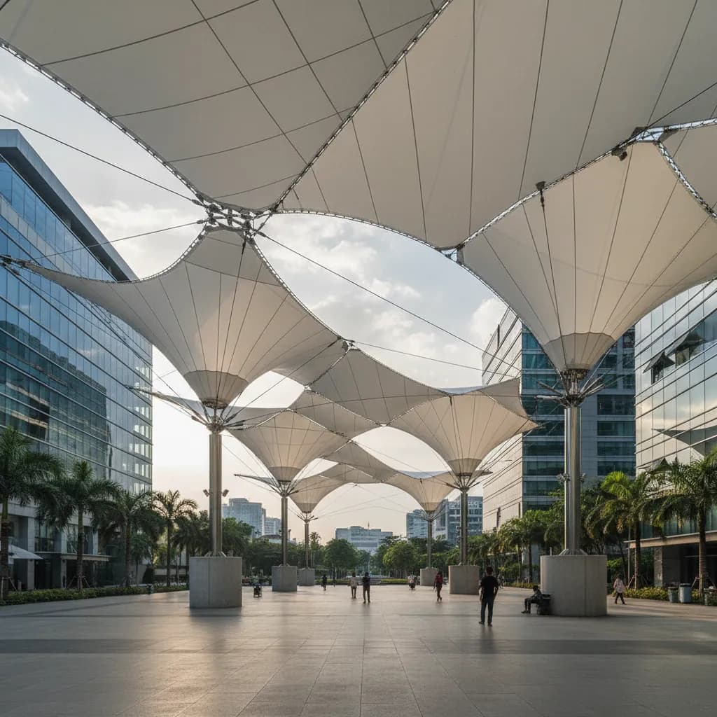 Struktur membran tarik modern profesional, kanopi arsitektur kain dengan sistem kabel tegangan di Indonesia.