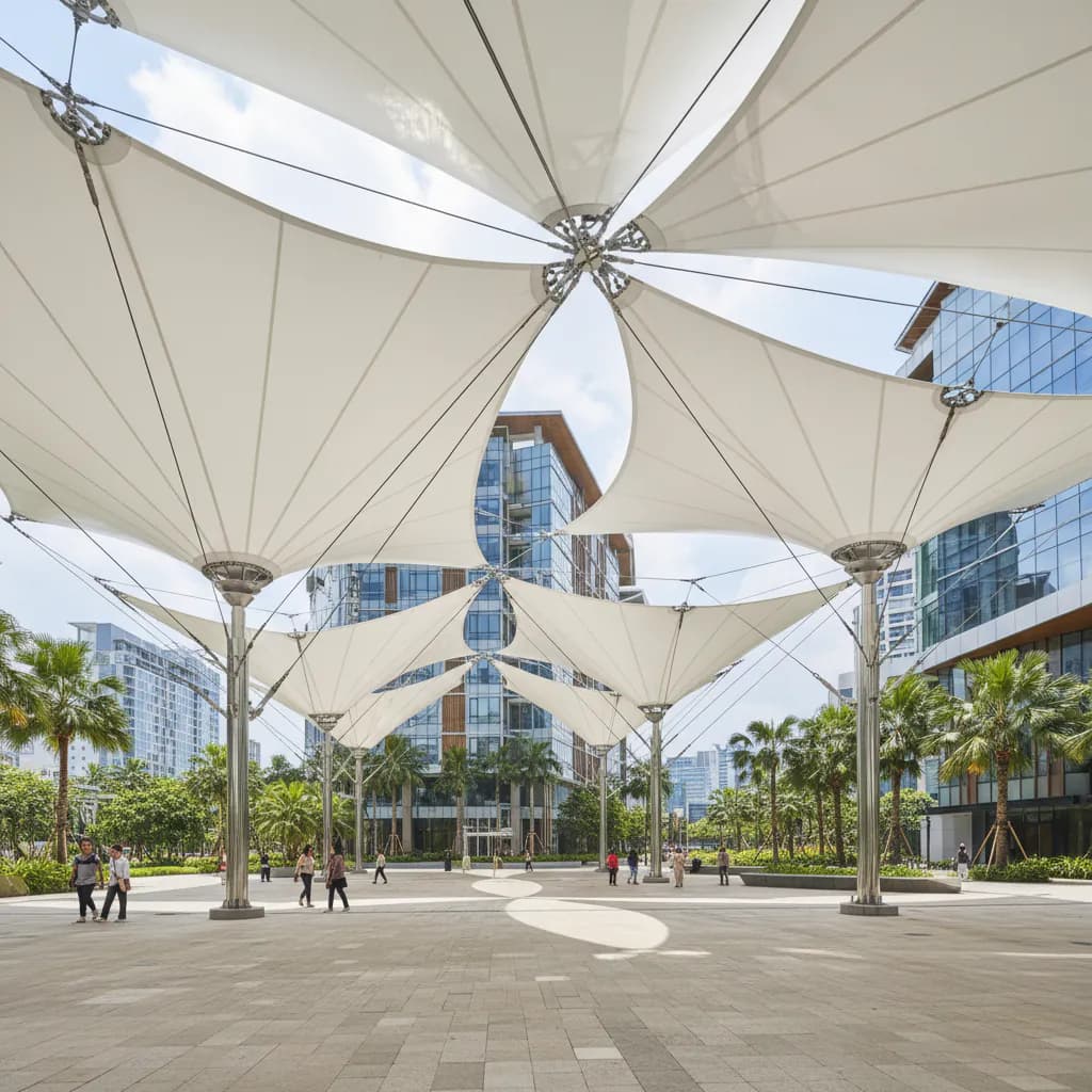 Gambar arsitektur membran tarik modern, struktur atap inovatif yang estetik dan fungsional.