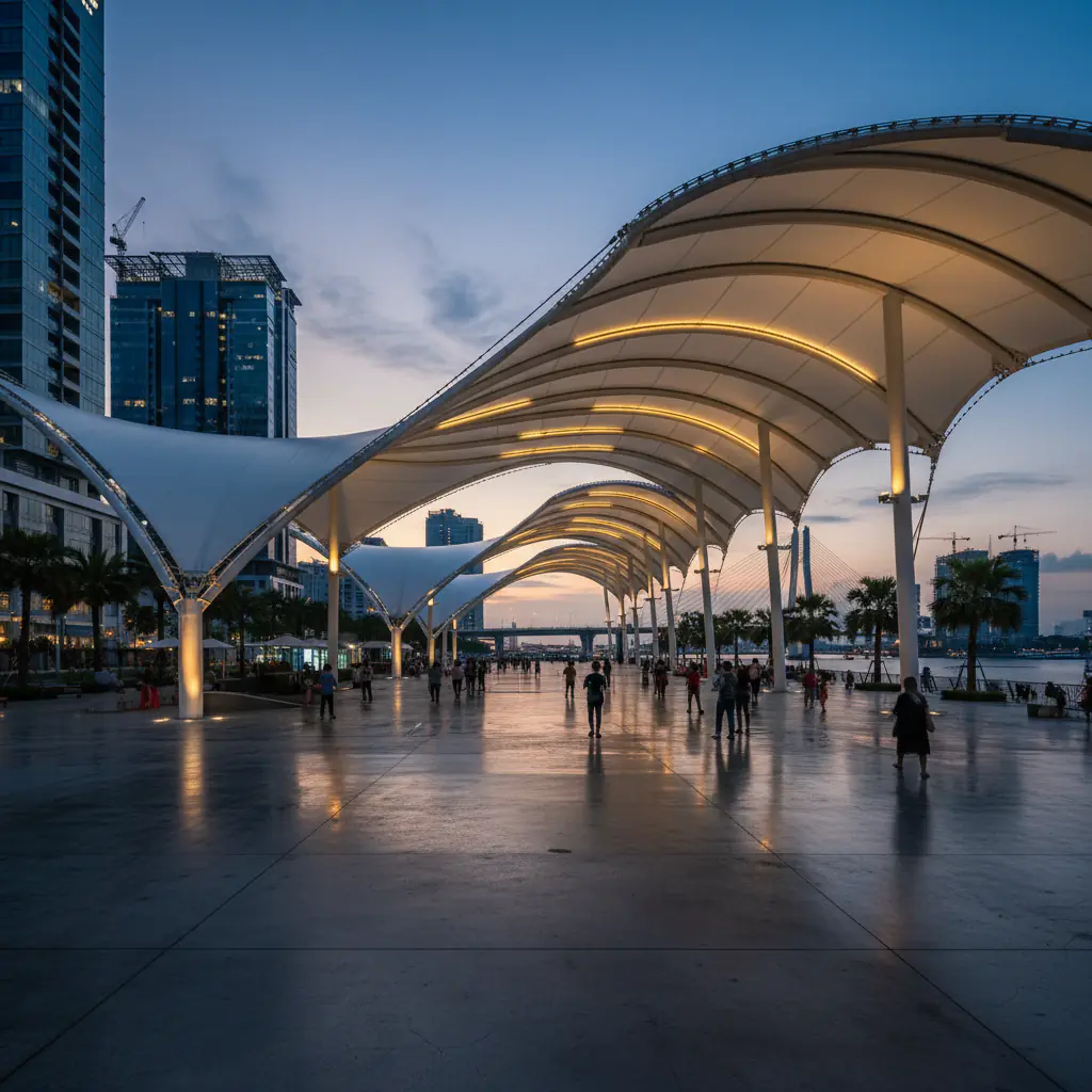 Here's your photorealistic photograph of the Canopy membrane in Batam, showcasing it as a modern architectural icon in a real