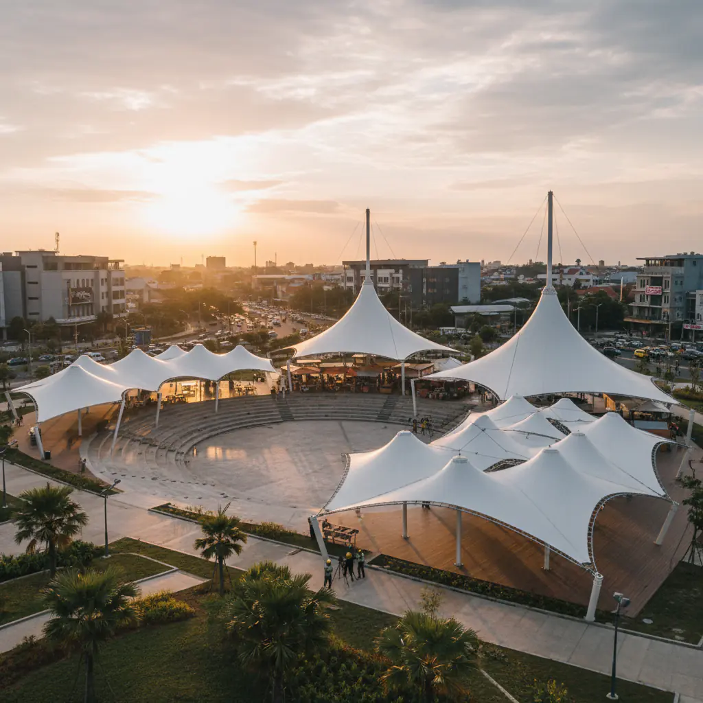 Sure, here is a photorealistic photograph showing popular membrane tent designs in Serang, in a real-world context of Tenda M