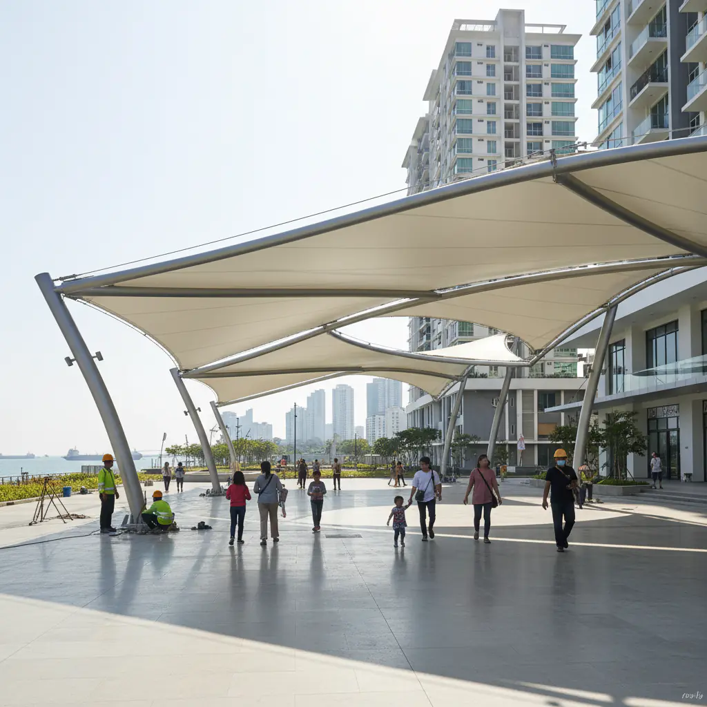 Here's a photorealistic image reflecting the concept of realizing a dream canopy in Batam, focusing on a membrane structure i