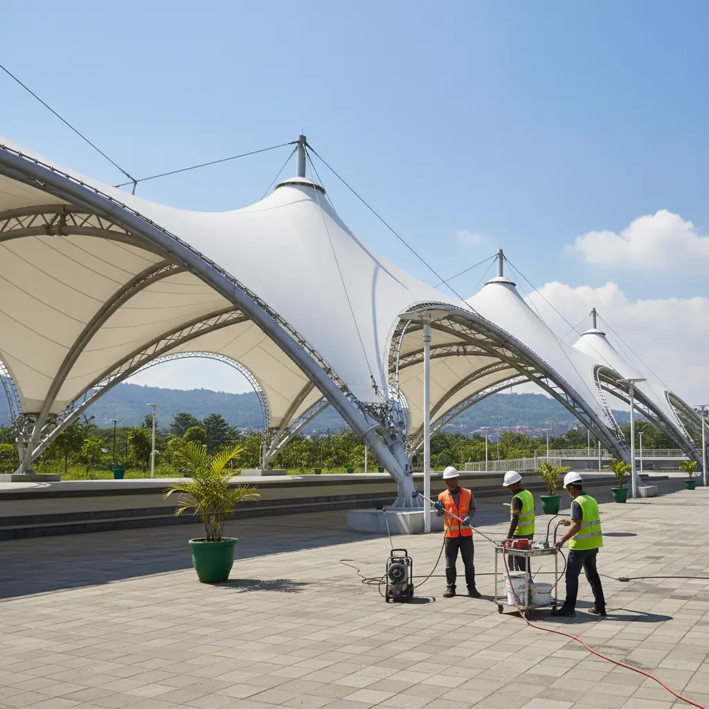 Here is a photorealistic image reflecting the "Perawatan Mudah untuk Tenda Membrane Awet" in the context of "Tenda Membrane B