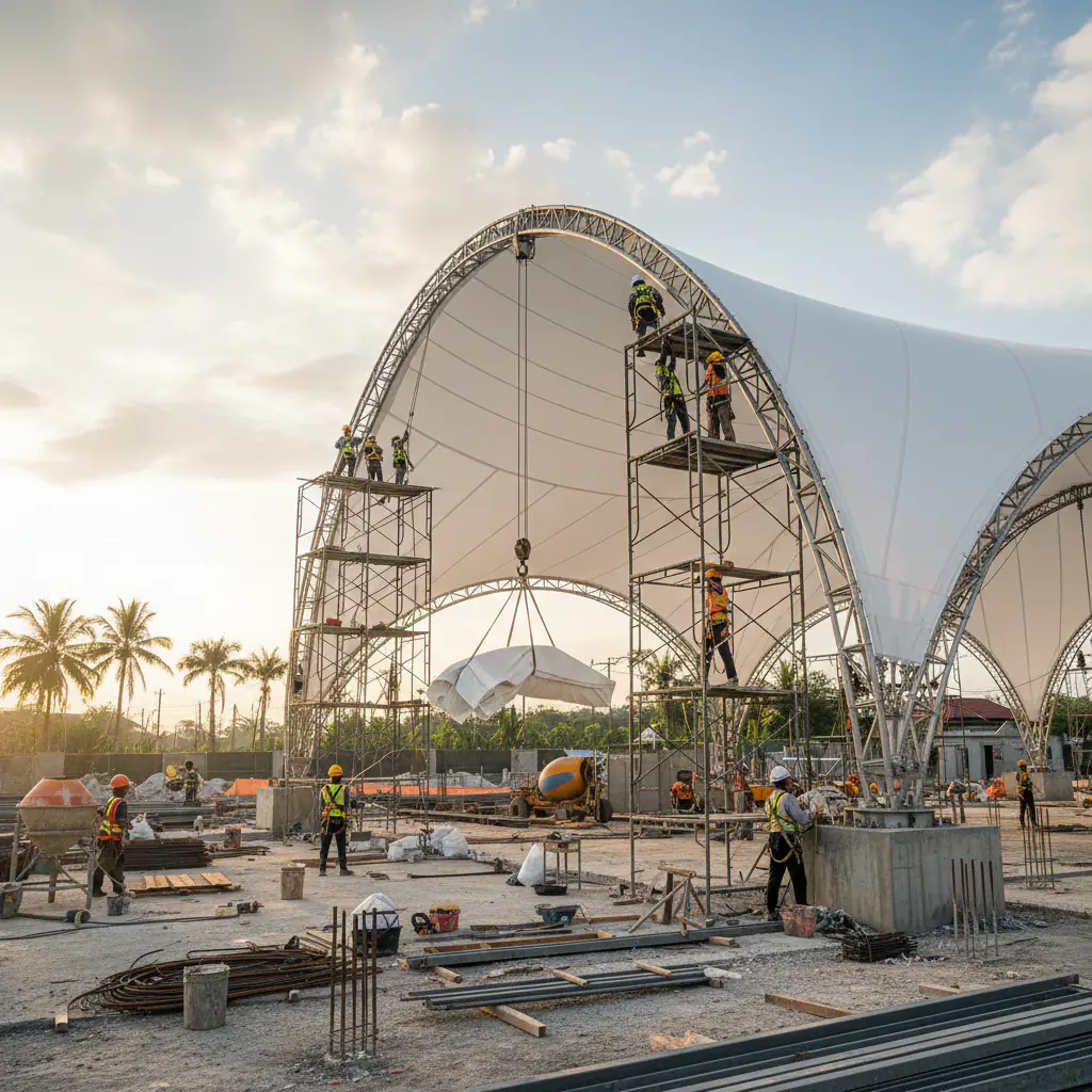 Proses Instalasi Tenda Membrane Profesional oleh Tim PT Indo Membrane