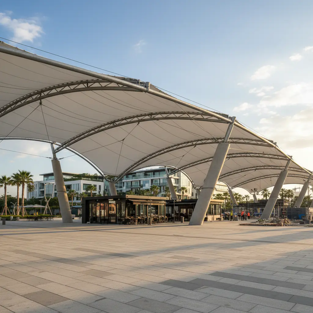 Here is a photorealistic photograph showing a canopy membrane in a real-world architectural context, as if it were from a pro