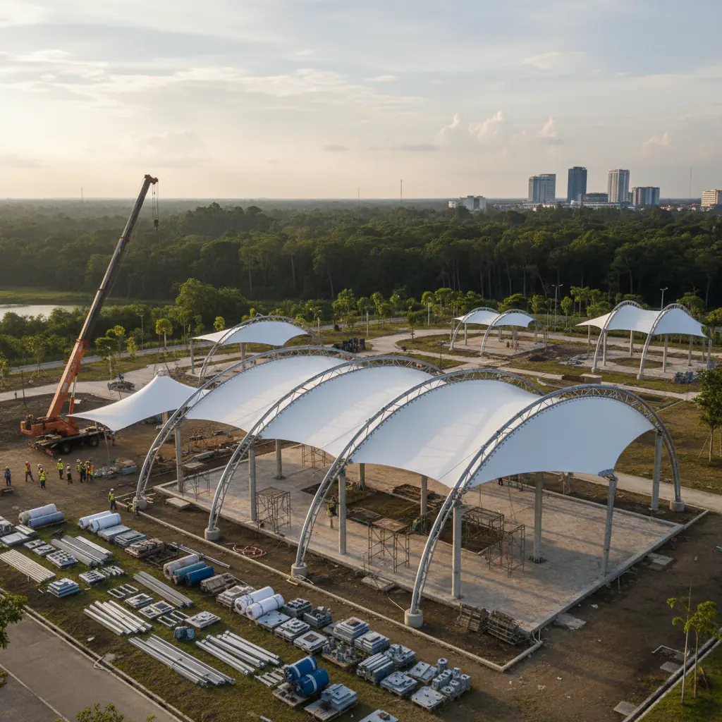 Here is a photorealistic image that illustrates the factors influencing the cost of canopy membrane structures in Riau within