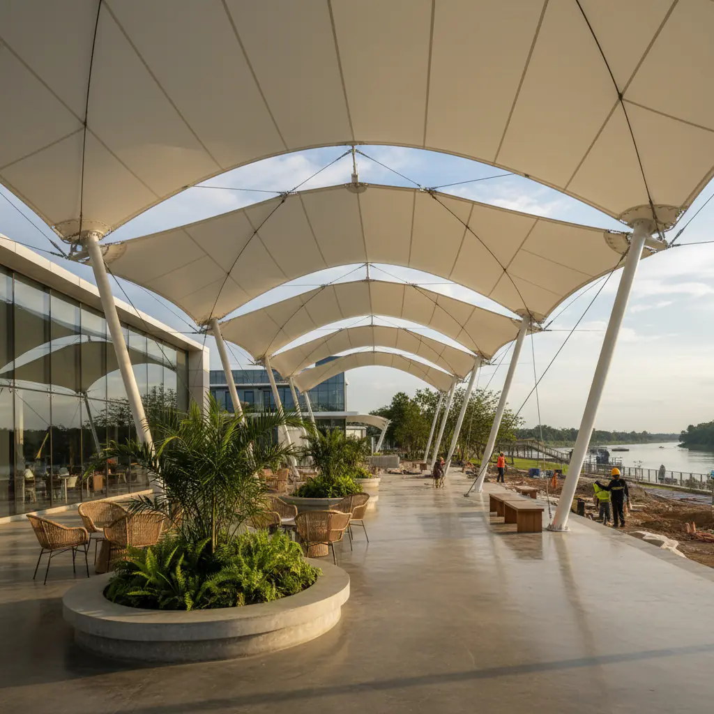 Certainly! Here's a photorealistic image showing an inspirational canopy membrane design in the real-world context of Riau, c