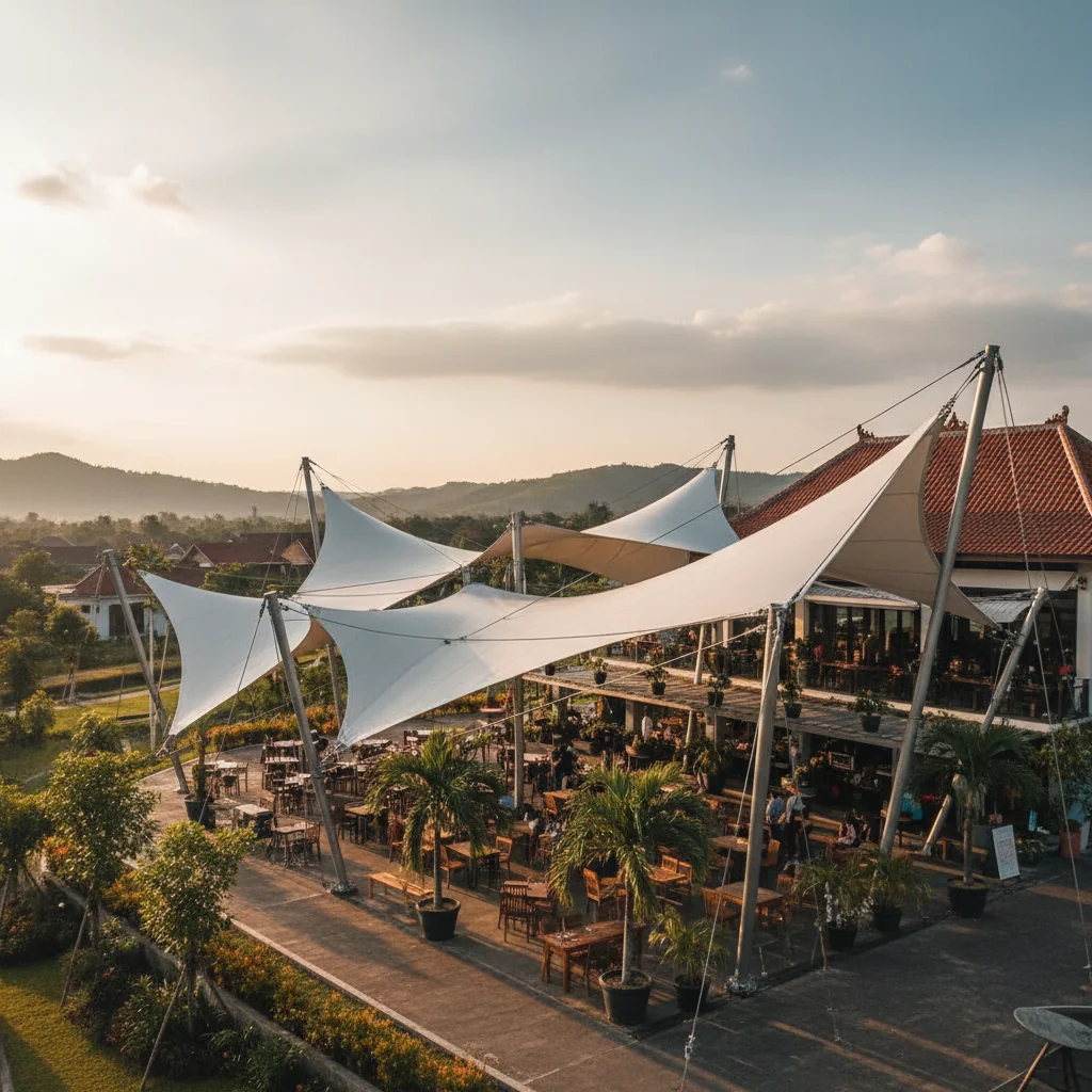 Here's the photorealistic image you requested, showing a sophisticated membrane structure in Bogor, reflecting a professional