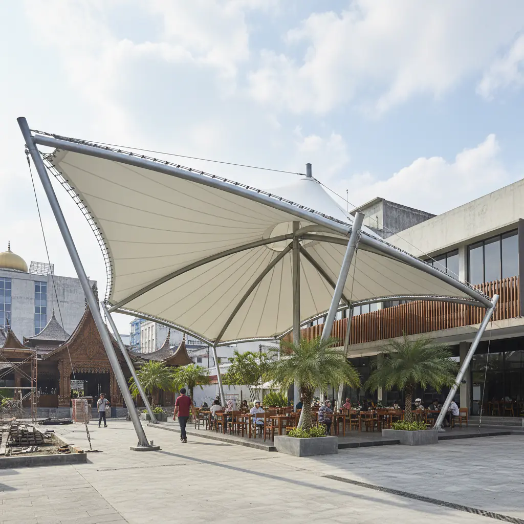 Absolutely, here's that photorealistic image for you:
Canopy membrane Aceh menjadi pilihan cerdas untuk bangunan modern. Atap ini menawarkan keindahan arsitektur yang unik dan fungsional. Desainnya yang fleksibel cocok untuk berbagai jenis properti di Aceh.
Struktur atap membrane sangat ringan namun memiliki kekuatan luar biasa. Hal ini membuatnya ideal untuk wilayah dengan kondisi cuaca dinamis. Anda mendapatkan perlindungan maksimal tanpa membebani struktur bangunan utama.
Apa Itu Canopy Membrane?
Canopy membrane adalah sebuah struktur atap yang sangat unik. Atap ini terbuat dari material kain sintetis berkualitas tinggi. Kain tersebut diregangkan dengan kuat menggunakan rangka baja.
Hasilnya adalah bentuk atap yang artistik dan futuristik. Berbeda dengan atap konvensional, atap membrane lebih fleksibel. Desainnya bisa melengkung, meliuk, atau mengikuti bentuk imajinasi Anda.
Mengapa Populer di Aceh?
Aceh memiliki iklim tropis yang khas dengan sinar matahari terik. Paparan sinar UV dan curah hujan tinggi menjadi tantangan tersendiri. Canopy membrane dirancang khusus untuk menghadapi kondisi seperti ini.
Bahannya mampu memantulkan panas matahari secara efektif. Ruangan di bawahnya pun menjadi lebih sejuk dan nyaman. Sifatnya yang tahan air juga memberikan perlindungan sempurna dari hujan deras.
Keunggulan Dibanding Atap Biasa
Atap membrane memiliki banyak sekali keunggulan. Keunggulan ini tidak dimiliki oleh atap konvensional biasa. Berikut adalah beberapa poin utamanya:
- Desain Tanpa Batas: Bentuknya bisa disesuaikan dengan kreativitas arsitek.
- Pencahayaan Alami: Materialnya tembus cahaya sehingga hemat listrik di siang hari.
- Sangat Kuat: Tahan terhadap guncangan gempa dan angin kencang.
- Perawatan Mudah: Permukaannya licin sehingga kotoran tidak mudah menempel.
Manfaat Utama Memasang Kanopi Membran di Properti Anda
![Manfaat Utama Memasang Kanopi Membran di Properti Anda - canopy membrane aceh | PT INDO Membrane Konstruksi