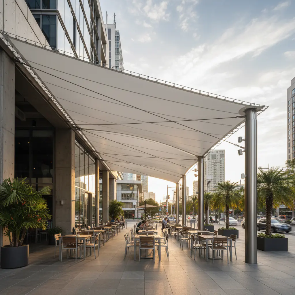 Here's a photorealistic image of a membrane canopy, suitable for professional architectural photography, with the focus on th