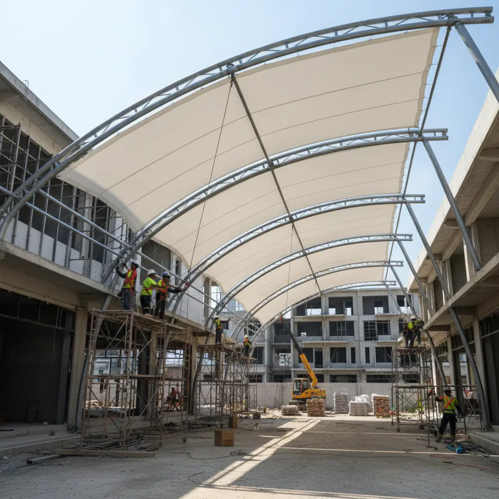 Here is a photorealistic image showing the installation process of a membrane canopy by Indo Membrane in Solo, captured in a