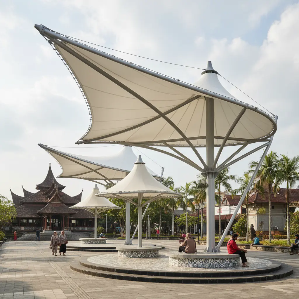Here is a photorealistic photograph showing popular canopy membrane designs in the real-world context of Aceh, captured with